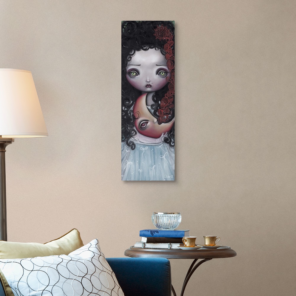 A traditional room featuring Contemporary surreal painting of a woman with large green eyes and dark curly hair, holding a cre...