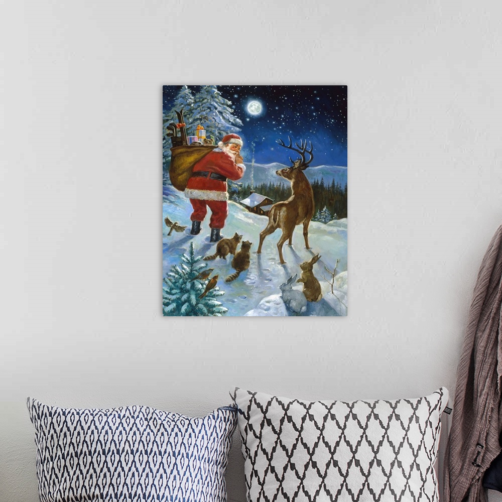 A bohemian room featuring A classic artwork piece of Santa making his way through the woods to a cabin. Surrounding him are...