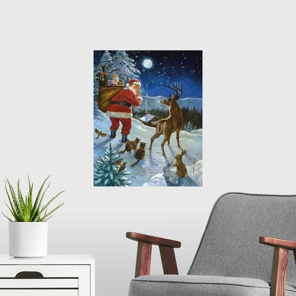 A modern room featuring A classic artwork piece of Santa making his way through the woods to a cabin. Surrounding him are...