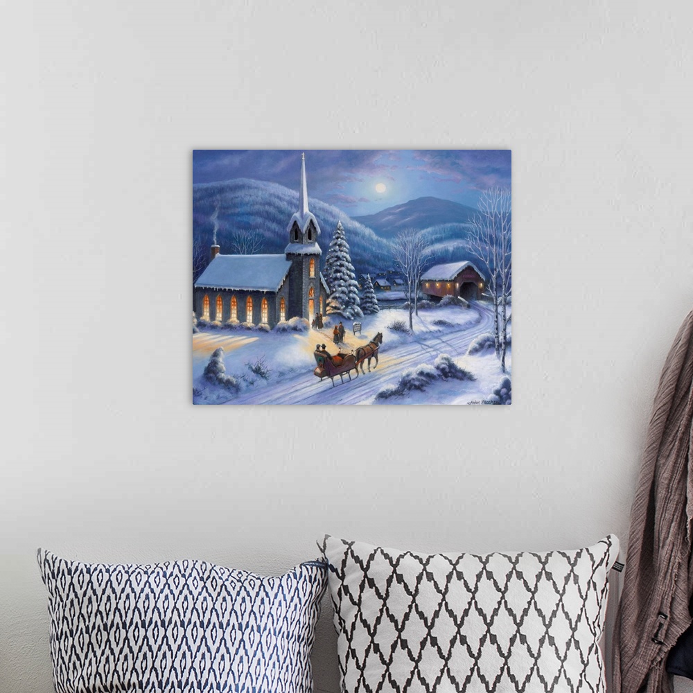A bohemian room featuring Snow, church, moon, covered bridge, horse and sledChristmas, winter