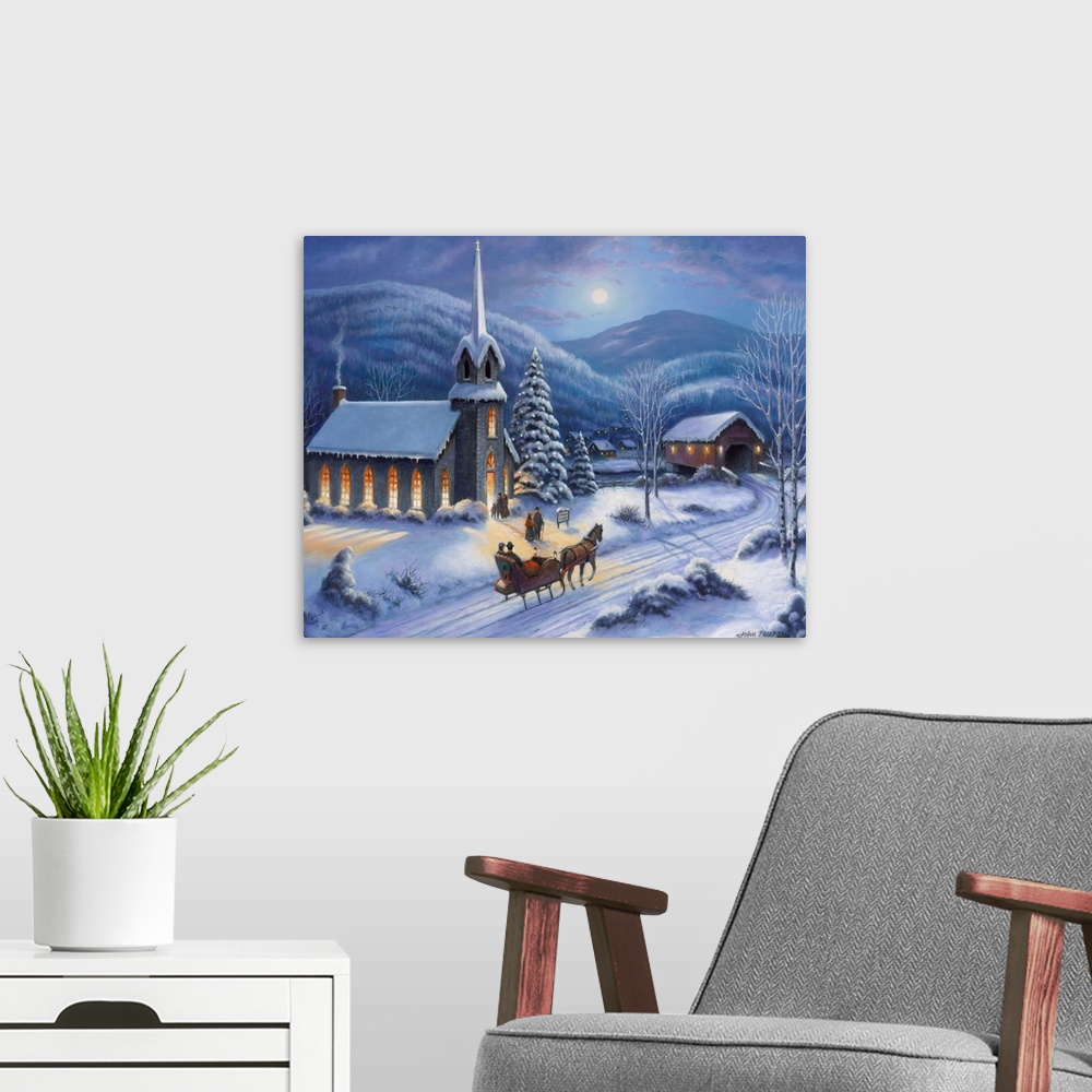 A modern room featuring Snow, church, moon, covered bridge, horse and sledChristmas, winter