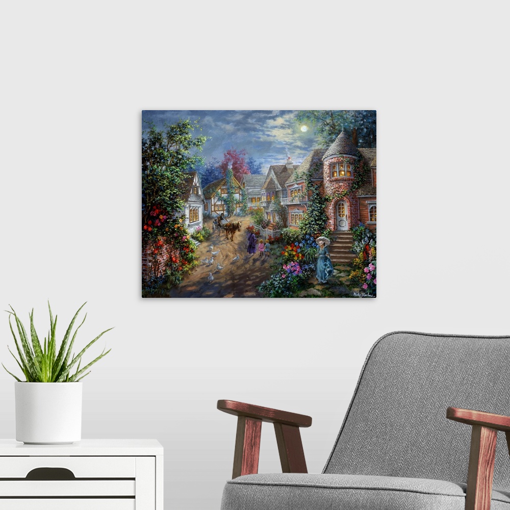 A modern room featuring Painting of village scene featuring houses with glowing windows. Product is a painting reproducti...