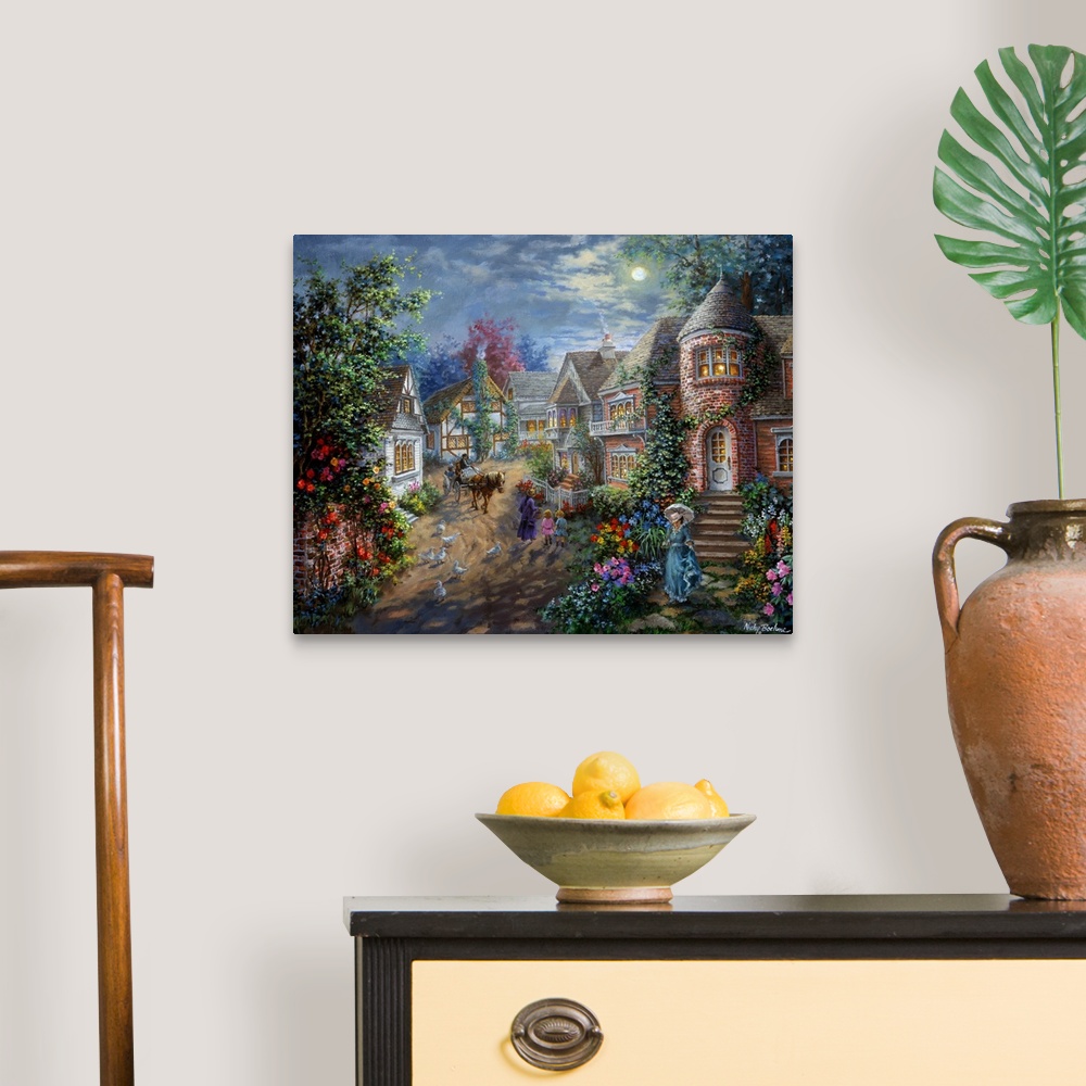 A traditional room featuring Painting of village scene featuring houses with glowing windows. Product is a painting reproducti...
