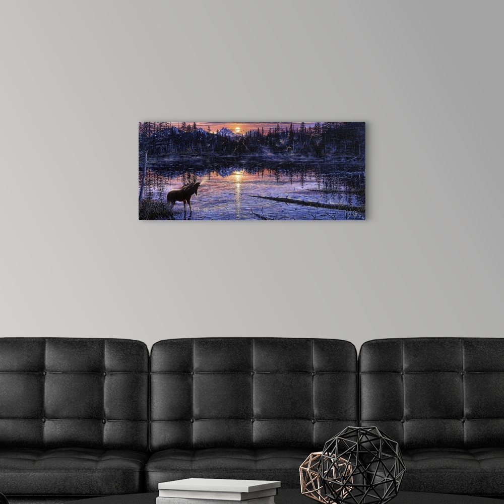 A modern room featuring A BULL MOOSE STANDING IN A SWAMP WITH SUN COMING UP IN THE BACKGROUND