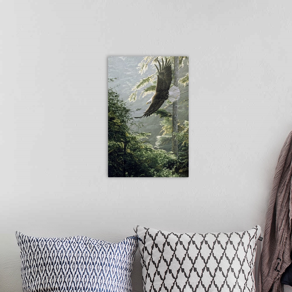 A bohemian room featuring An eagle soars above a forest, the morning light shining on the leaves.