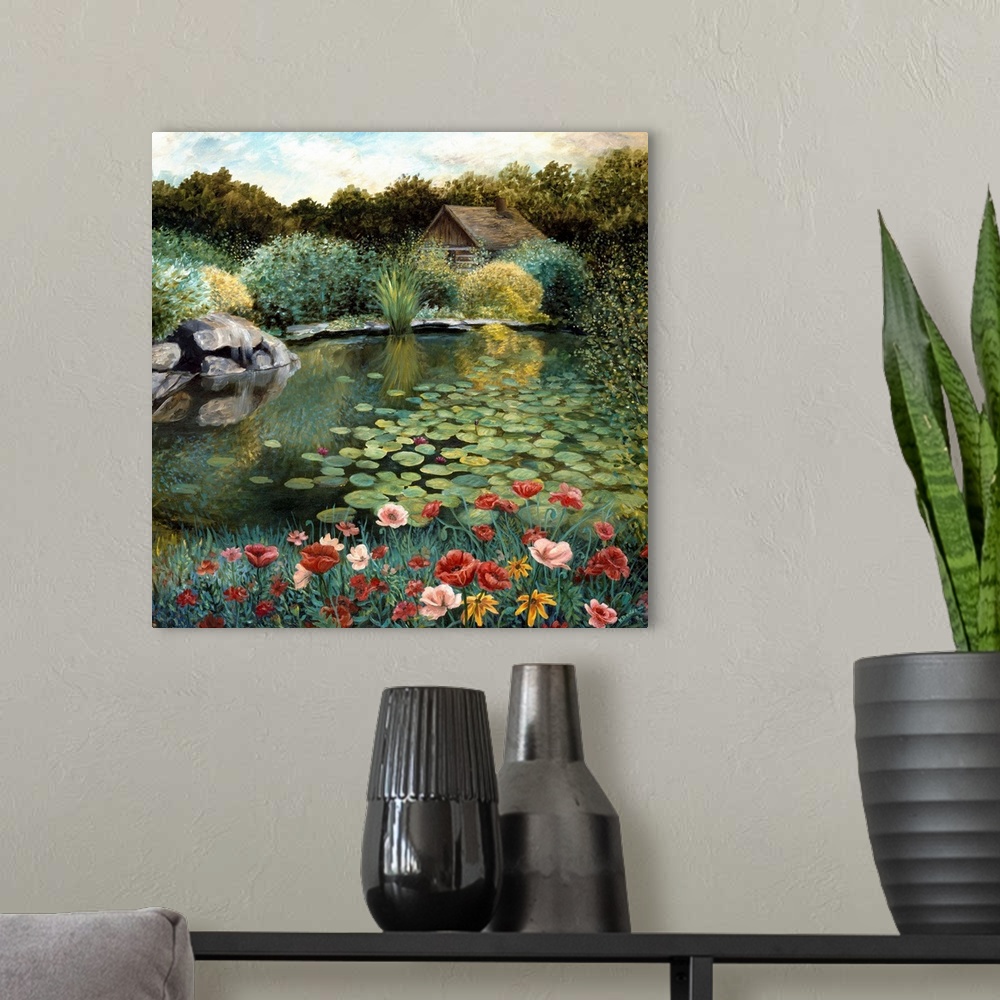 A modern room featuring Contemporary artwork of a pond full of lily pads in the morning.