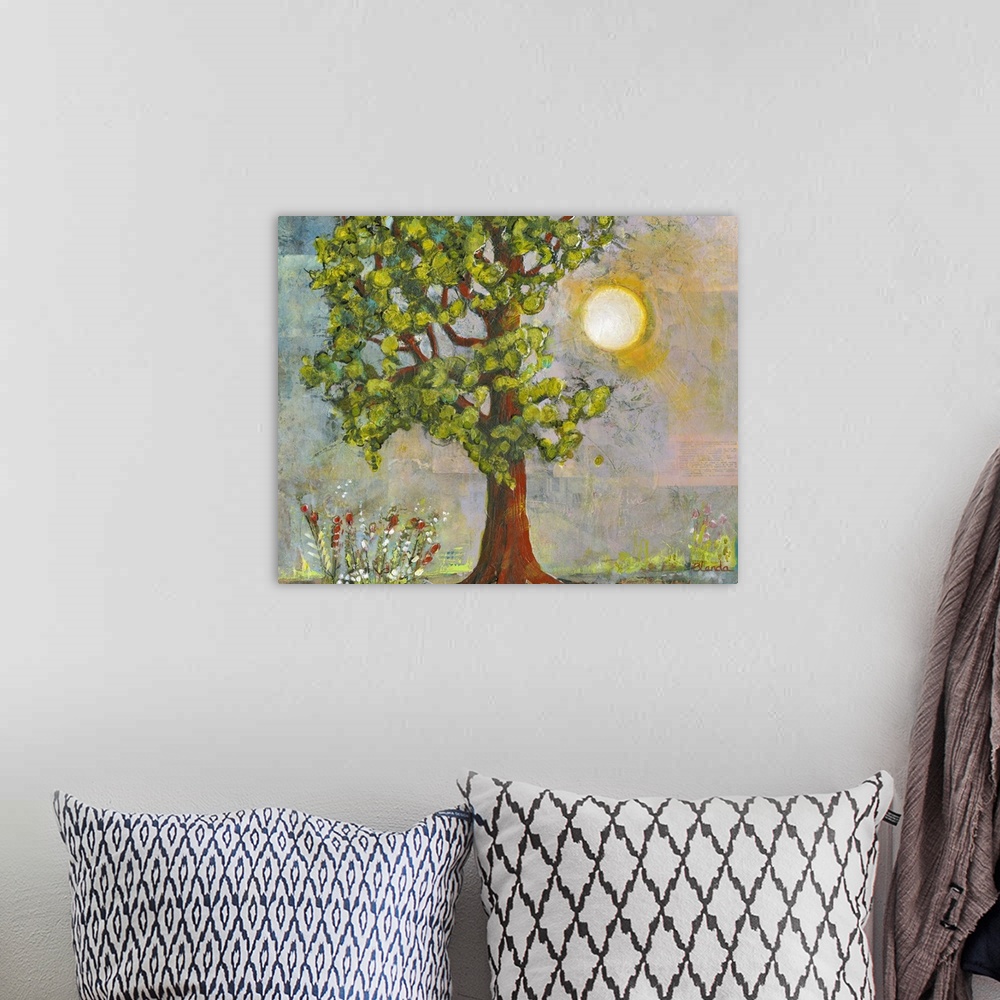 A bohemian room featuring Lighthearted contemporary painting of a tree with a rising sun behind it.