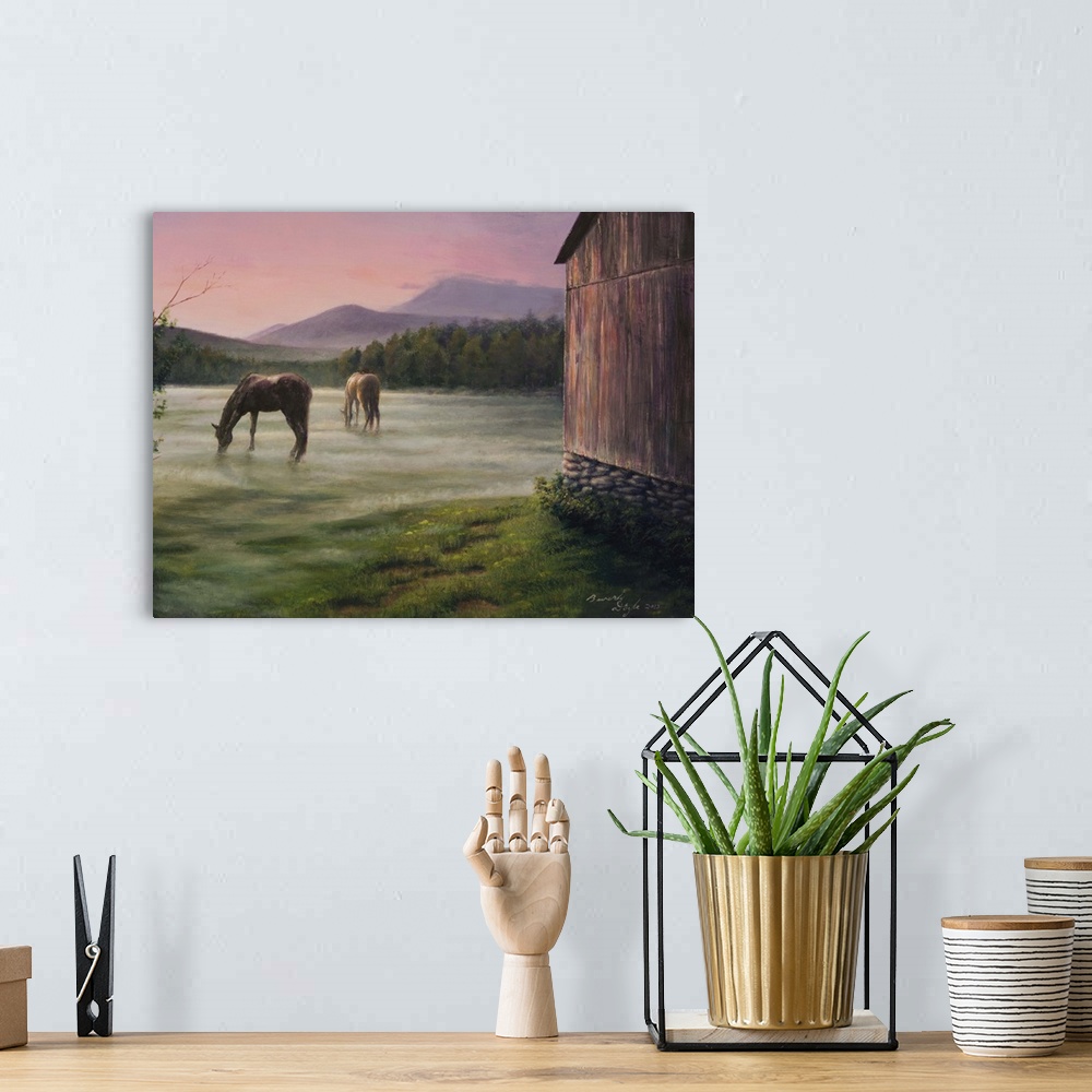 A bohemian room featuring Contemporary painting of horses grazing in the morning mist.