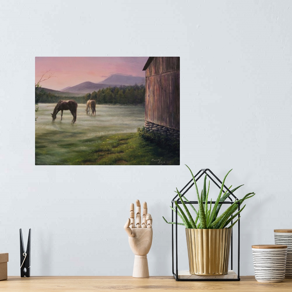 A bohemian room featuring Contemporary painting of horses grazing in the morning mist.