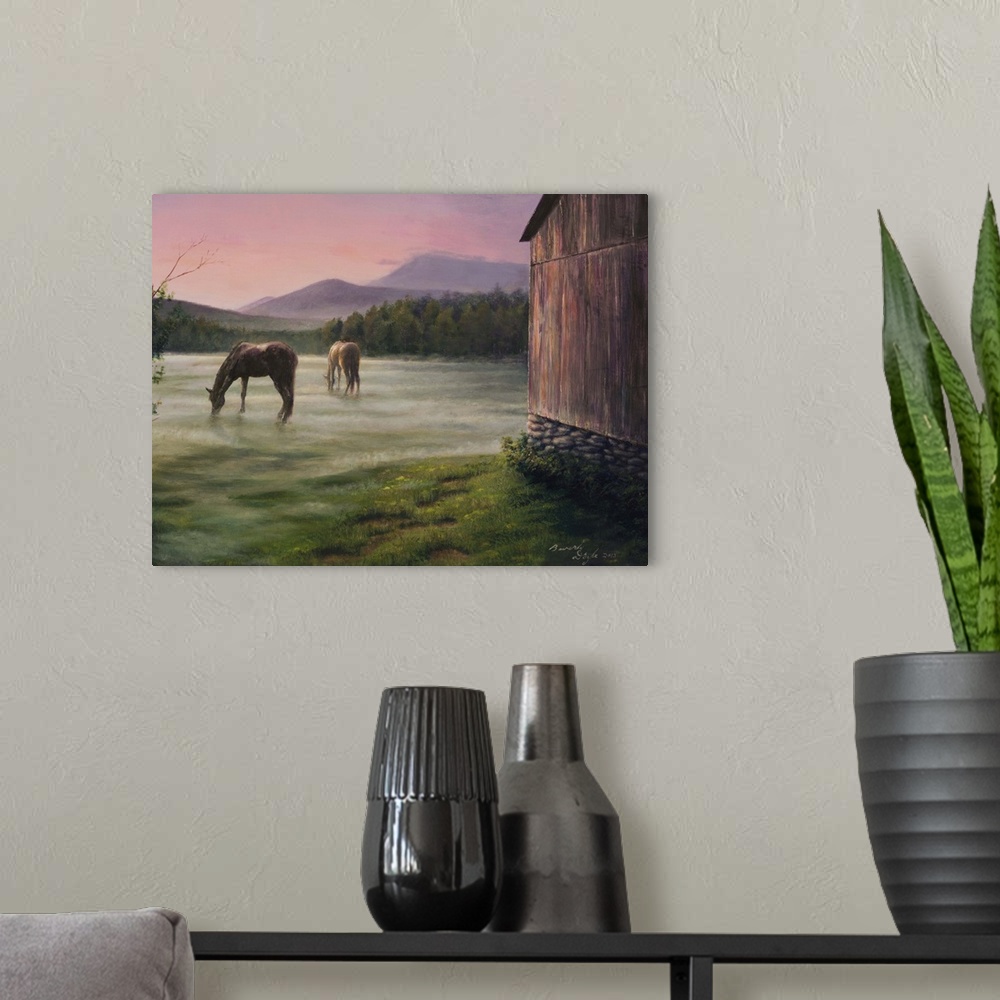 A modern room featuring Contemporary painting of horses grazing in the morning mist.