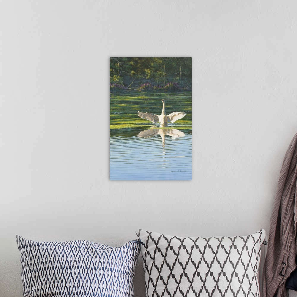 A bohemian room featuring Contemporary artwork of a Swan stretching out wings in the water purple flowers and forest in back