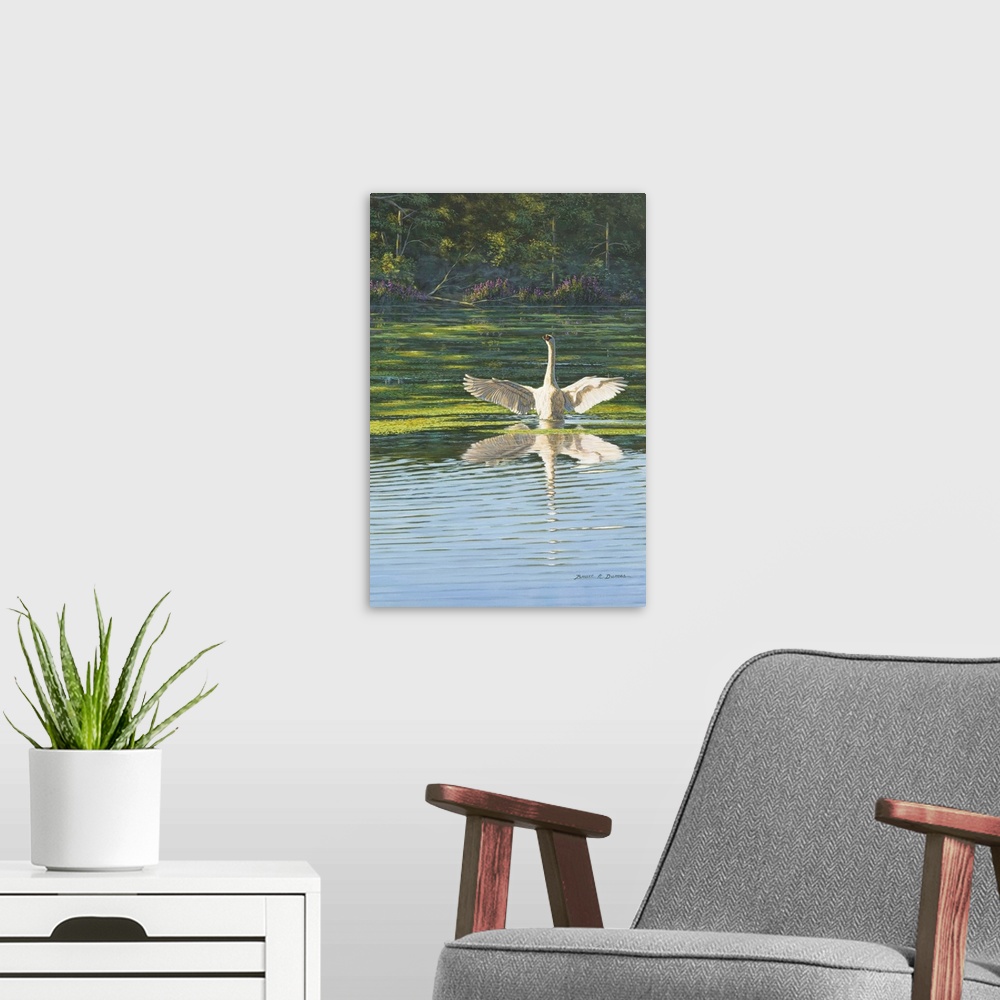 A modern room featuring Contemporary artwork of a Swan stretching out wings in the water purple flowers and forest in back