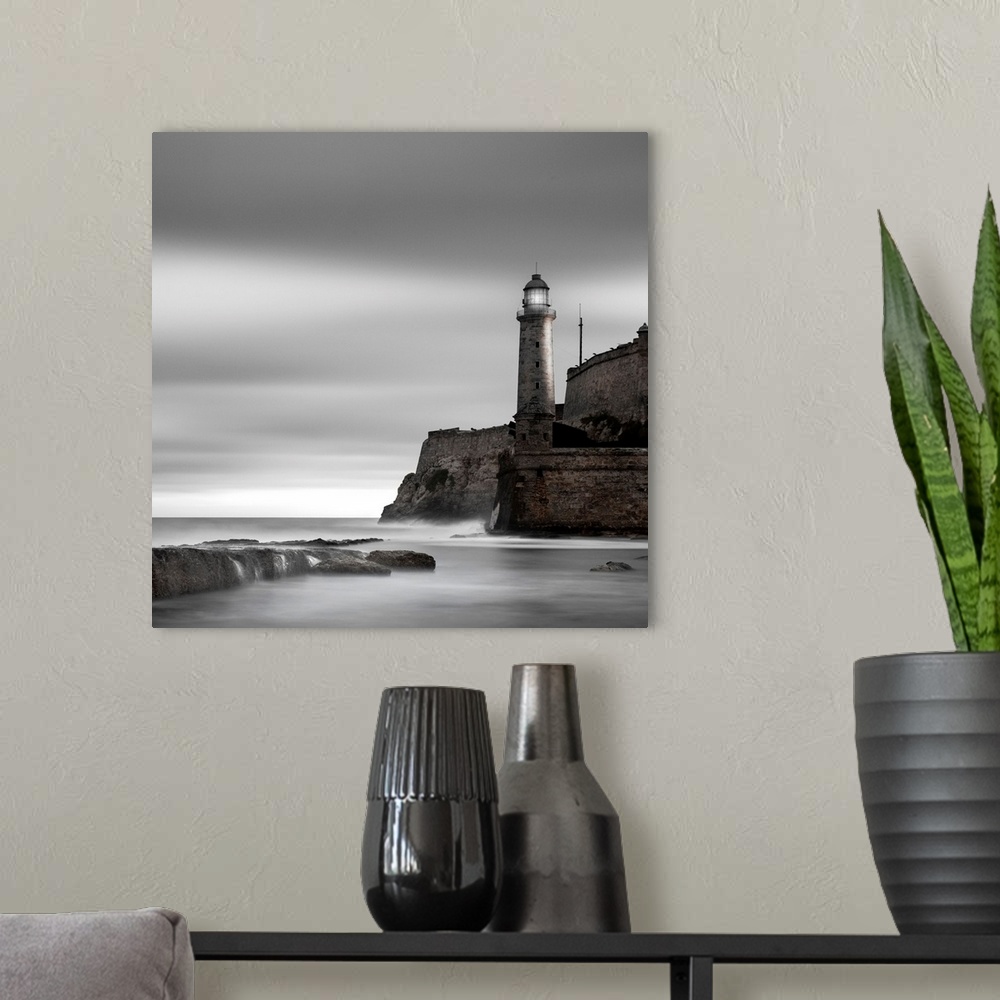 A modern room featuring lighthouse, cliff, fortress, ocean, seaside