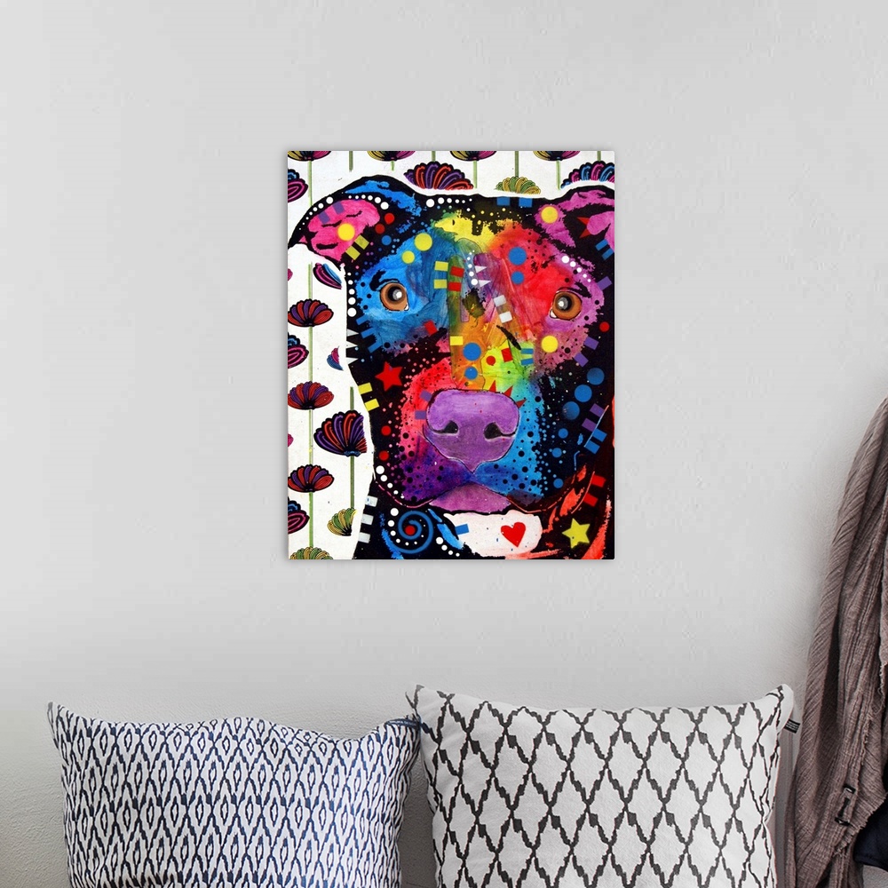 A bohemian room featuring Contemporary stencil painting of a pit bull filled with various colors on an abstract floral-patt...