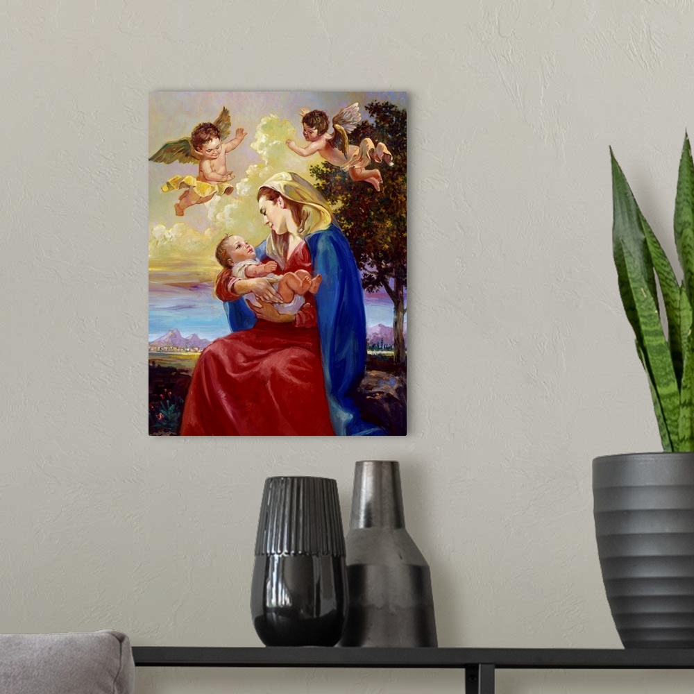 A modern room featuring Two angels watch over Mary and Jesus.