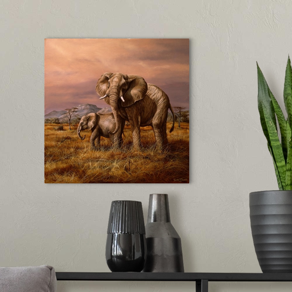 A modern room featuring Mother and Child (Elephants)