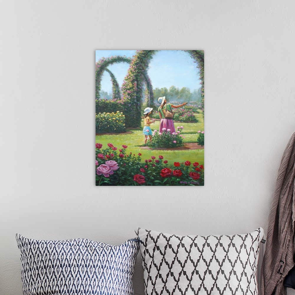 A bohemian room featuring Contemporary artwork of a mother and daughter tending to a garden.