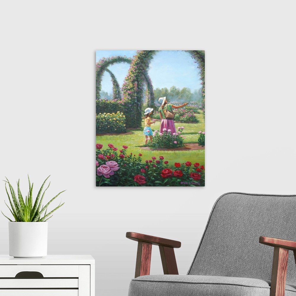 A modern room featuring Contemporary artwork of a mother and daughter tending to a garden.
