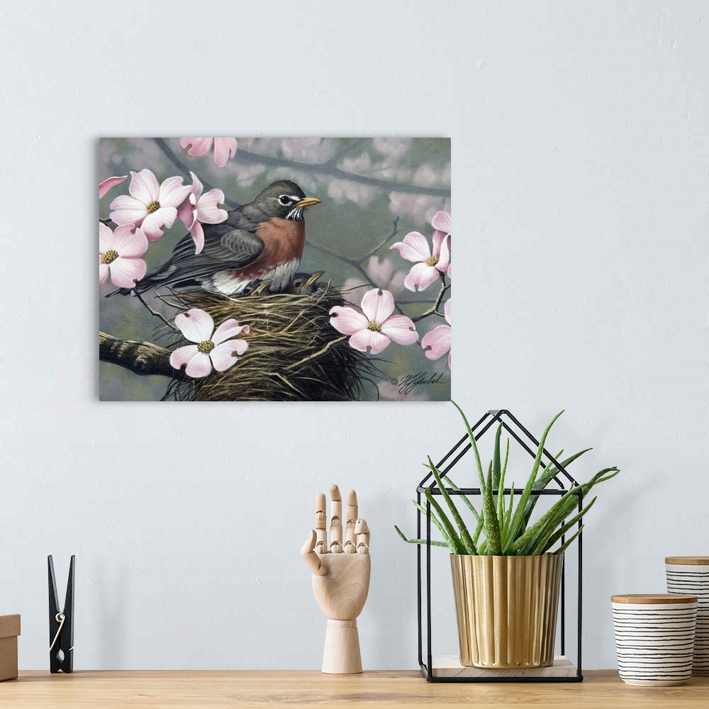 A bohemian room featuring Robin in nest surround by apple blossoms.