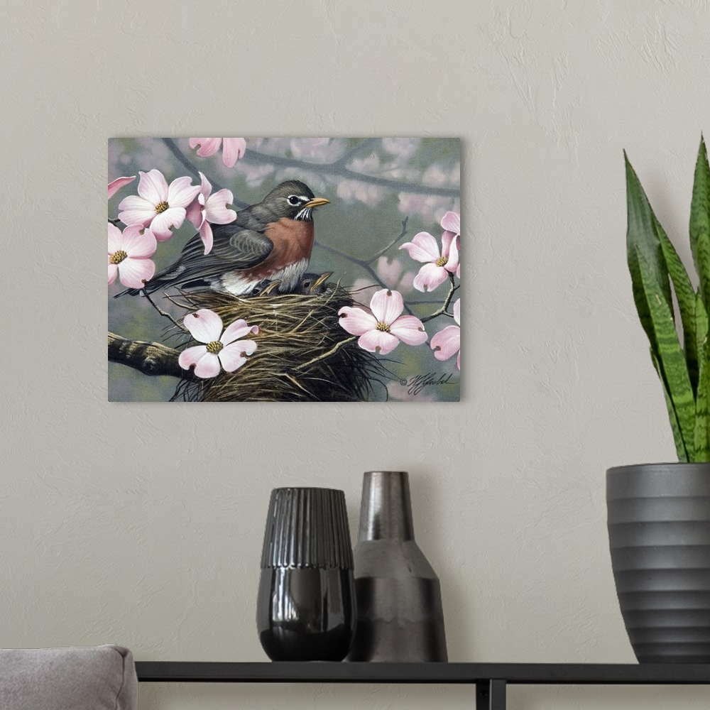 A modern room featuring Robin in nest surround by apple blossoms.