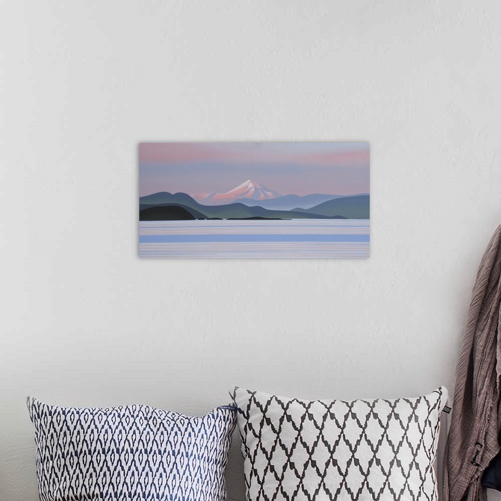 A bohemian room featuring Contemporary painting of mountain scape.