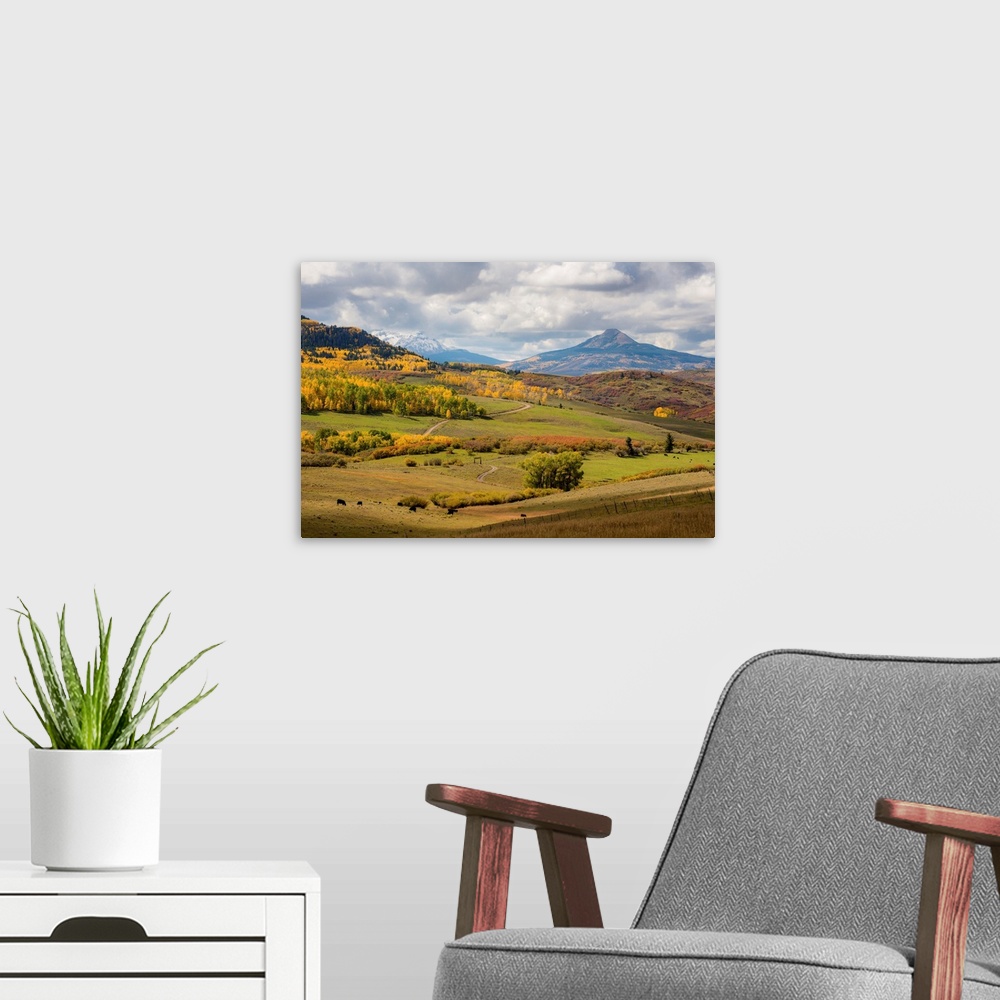 A modern room featuring Landscape photograph of a dirt road winding through rolling hills of Fall trees with mountains in...