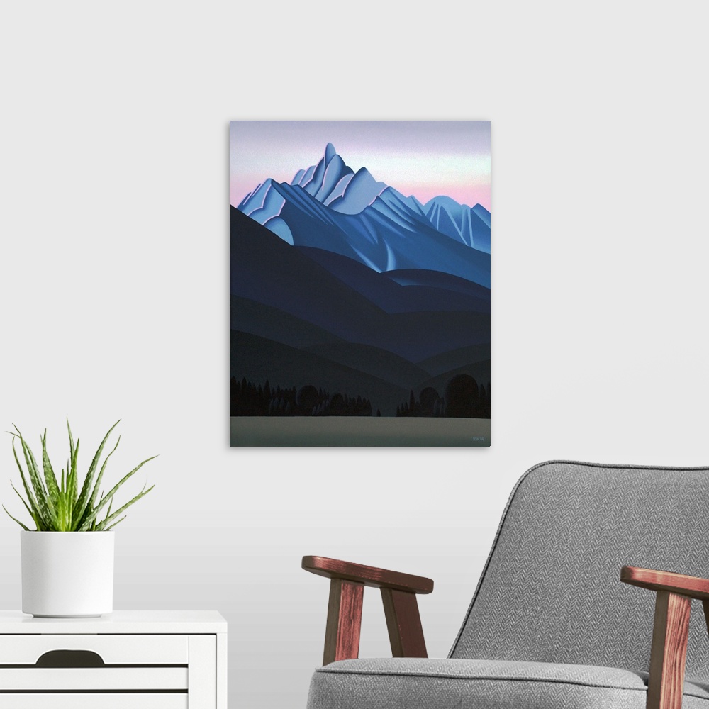 A modern room featuring Contemporary painting using smooth textures and clean lines to make an idyllic mountain range lan...