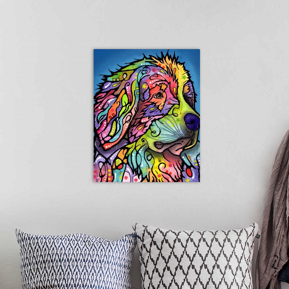 A bohemian room featuring Colorful painting of a Mountain Dog with abstract designs on a blue background.