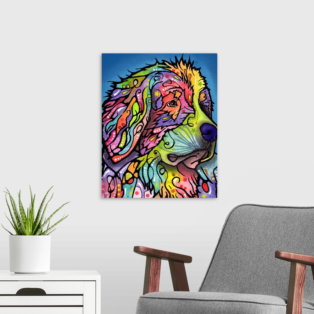 A modern room featuring Colorful painting of a Mountain Dog with abstract designs on a blue background.