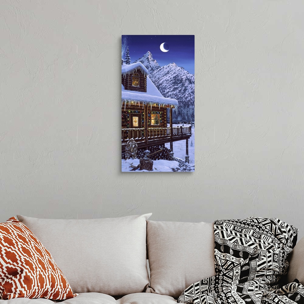 A bohemian room featuring a log cabin, decorated for christmas, snow all around with a crescent moon shining