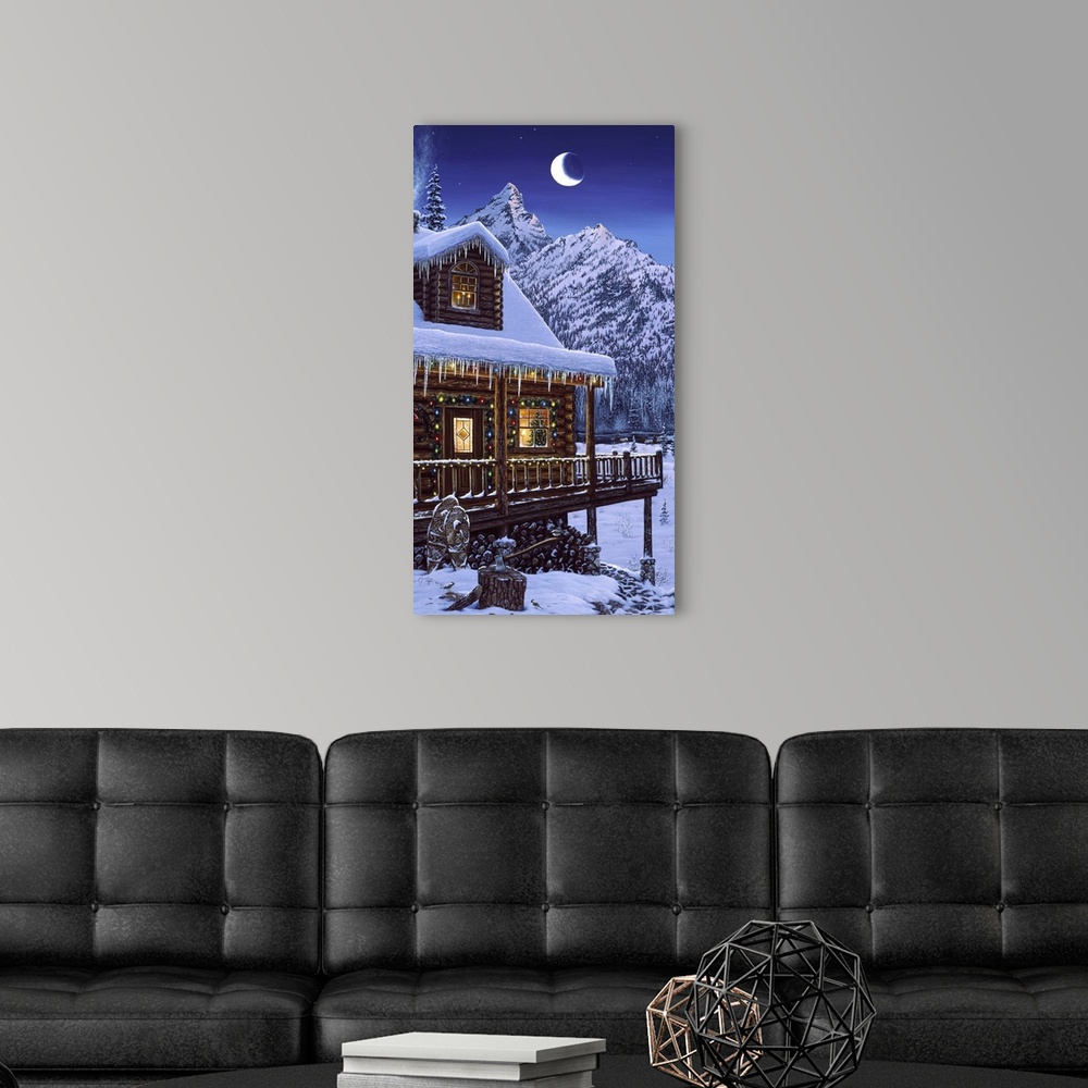 A modern room featuring a log cabin, decorated for christmas, snow all around with a crescent moon shining