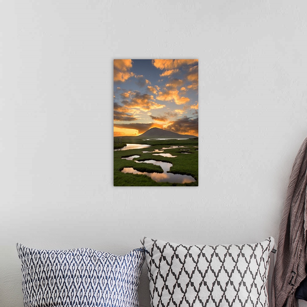 A bohemian room featuring Landscape photograph of a sunrise beaming though a mountain with a marsh in the foreground.