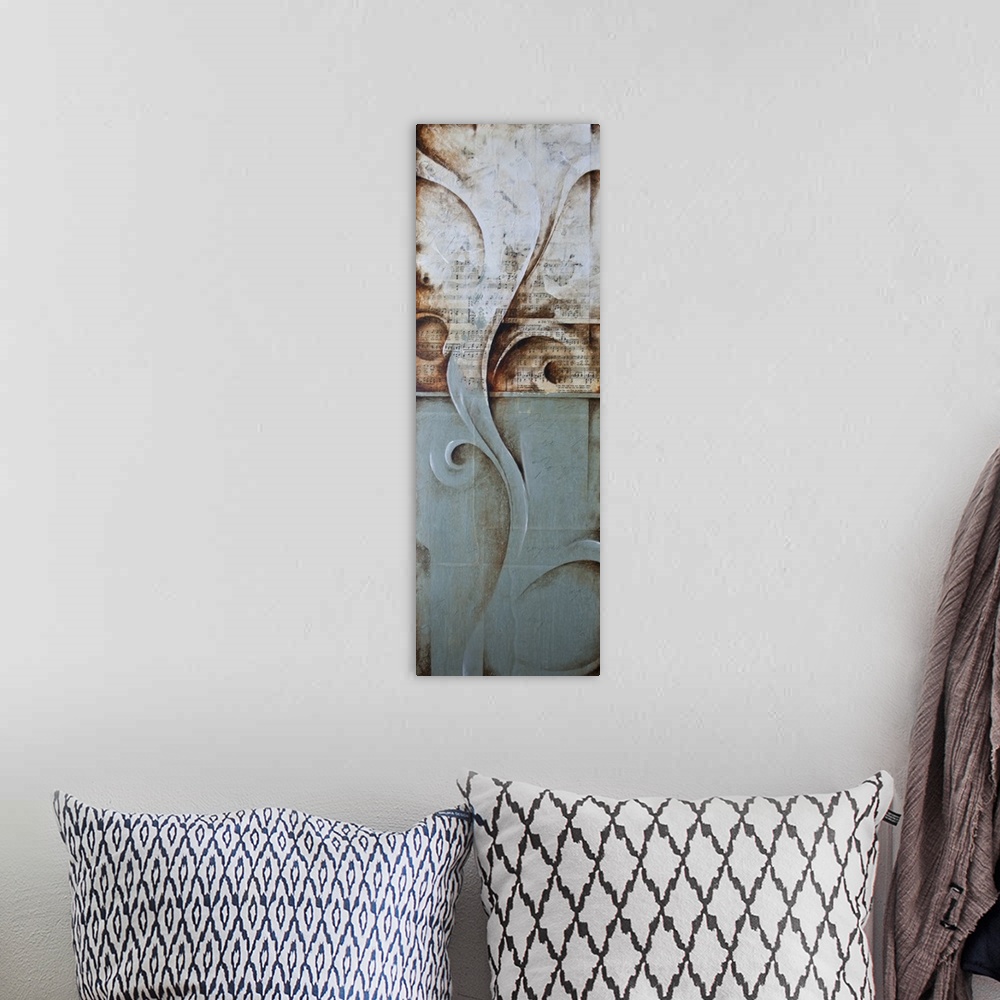 A bohemian room featuring Contemporary abstract painting in grey and blue with swirls.