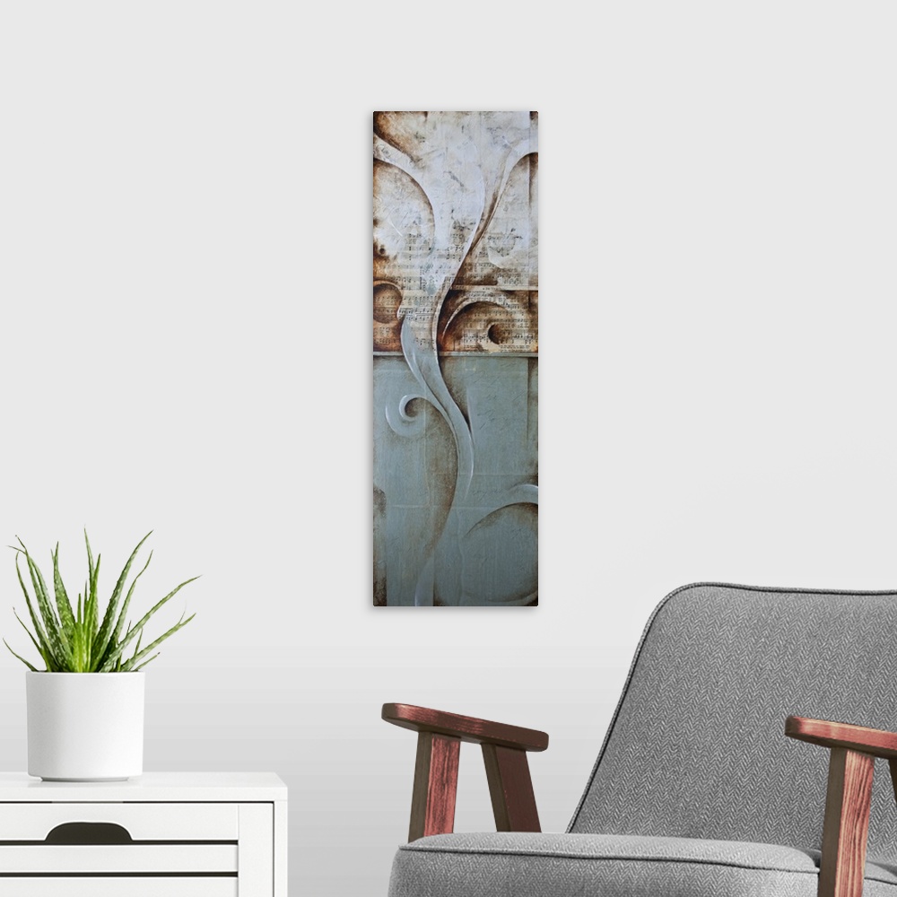 A modern room featuring Contemporary abstract painting in grey and blue with swirls.