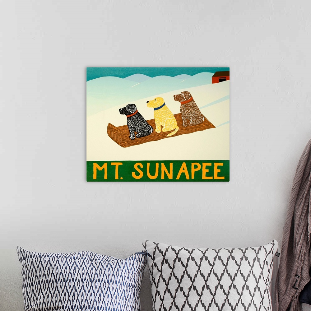 A bohemian room featuring Illustration of a chocolate, yellow, and black lab sledding down the slopes with "Mt. Sunapee" wr...
