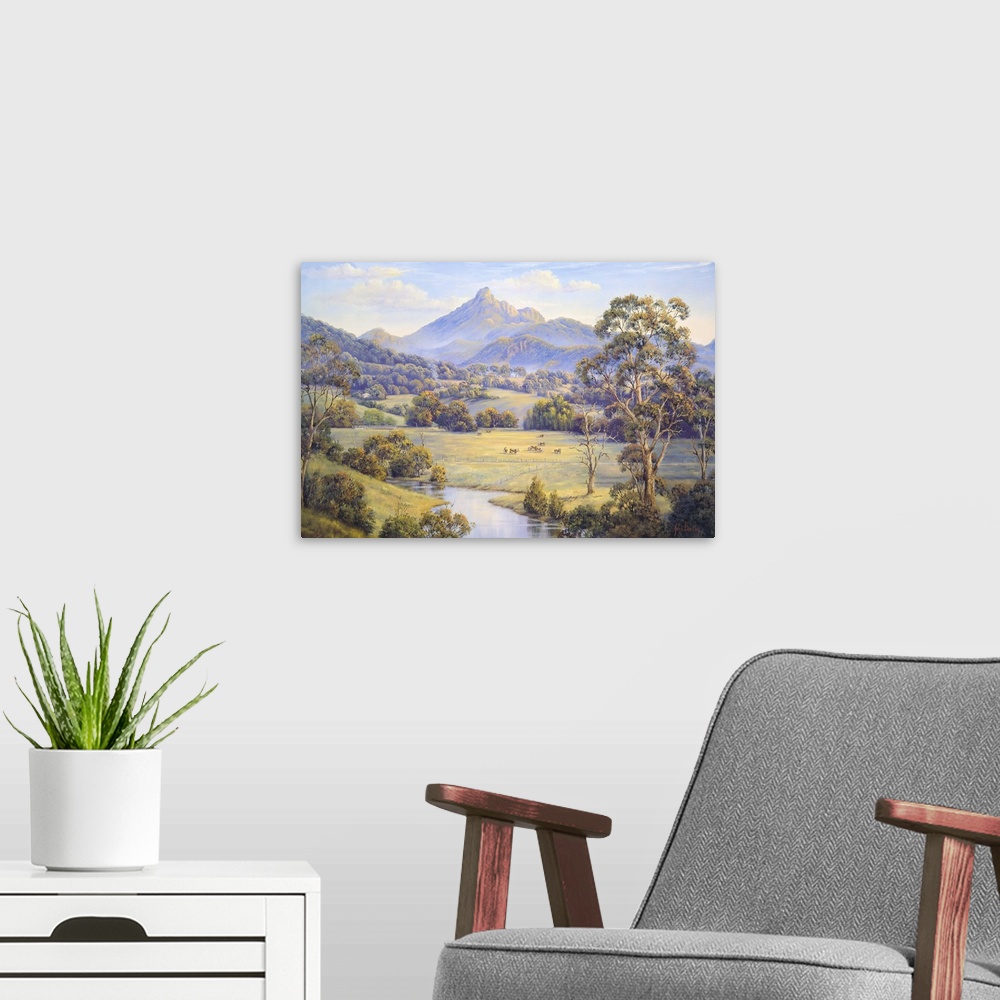 A modern room featuring Contemporary painting of a mountainous valley.