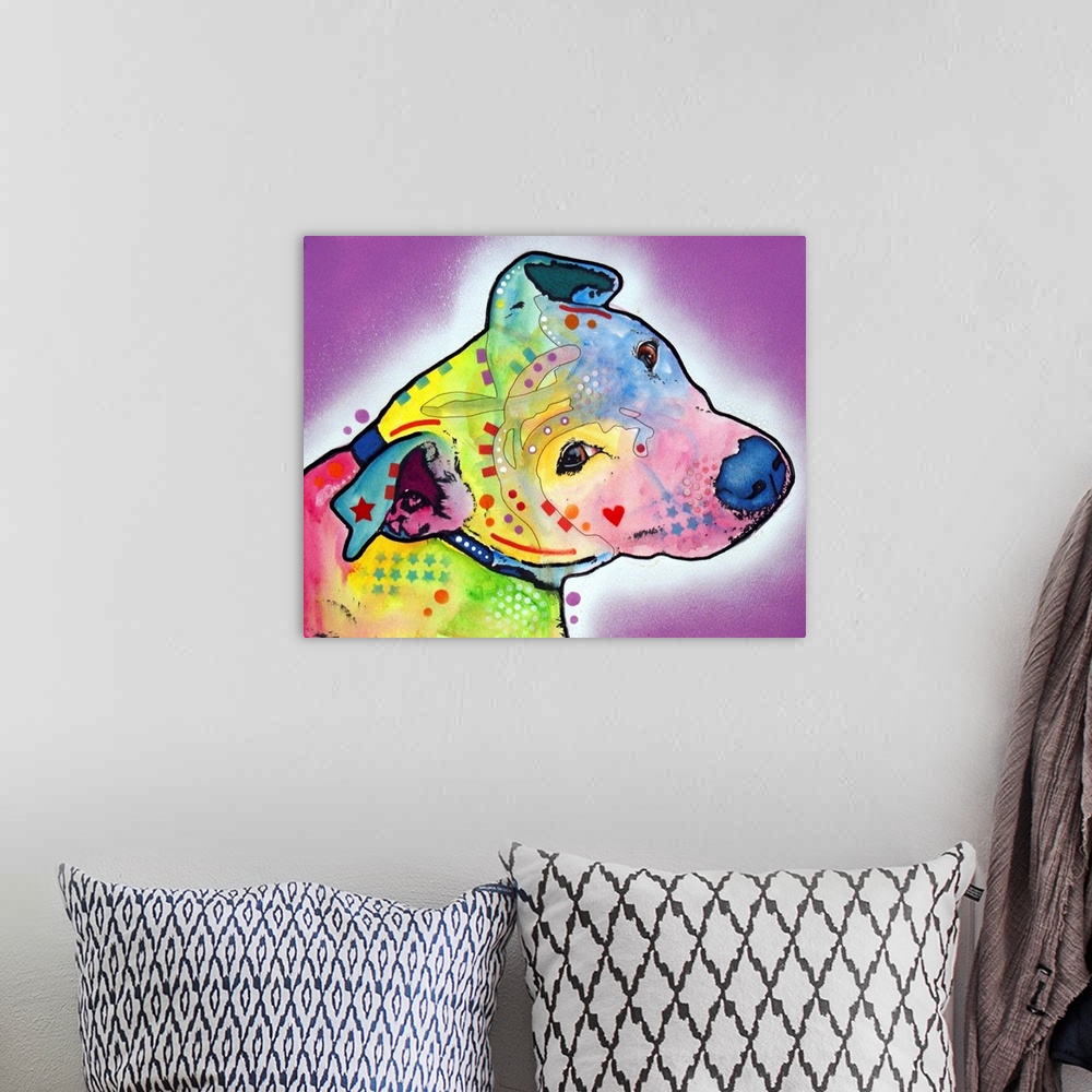 A bohemian room featuring Contemporary stencil painting of a dog filled with various colors and patterns.