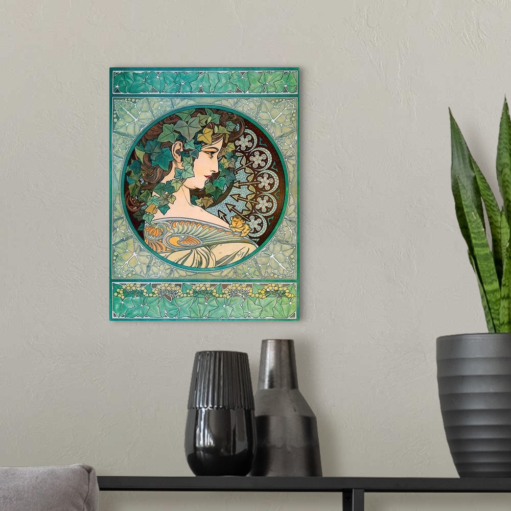 A modern room featuring Art Nouveau Illustration of a Woman Vintage Poster Artist