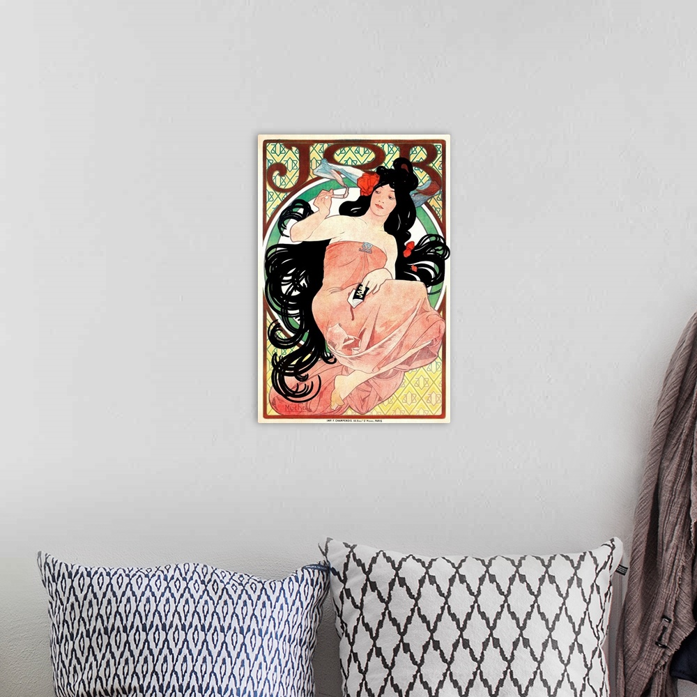 A bohemian room featuring Art Nouveau Illustration of Woman and cigaretteVintage Poster Artist