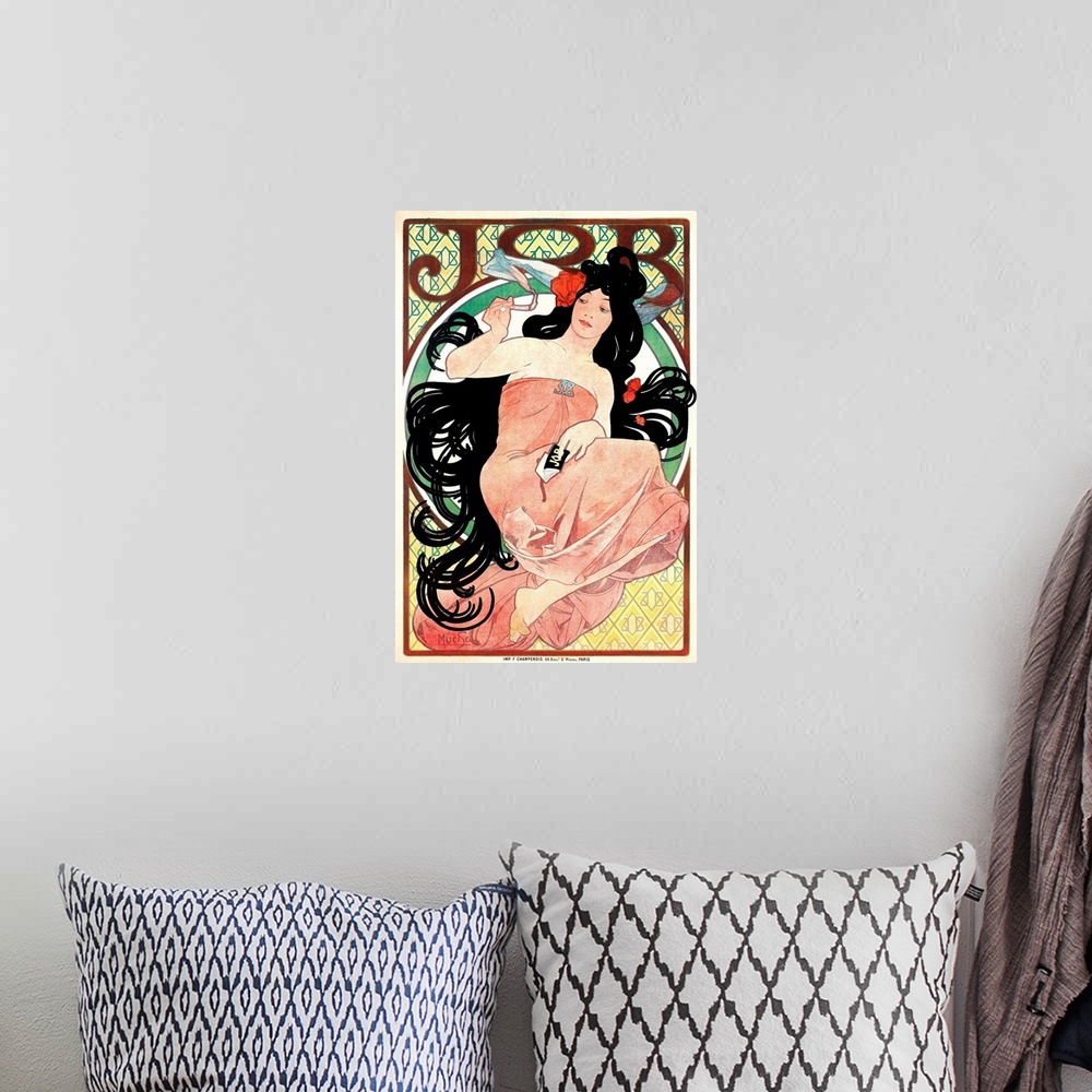 A bohemian room featuring Art Nouveau Illustration of Woman and cigaretteVintage Poster Artist