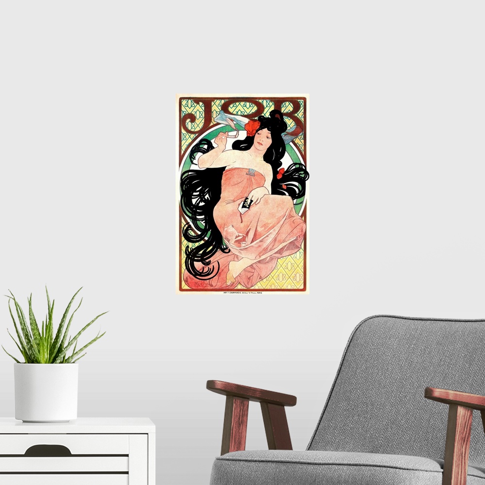 A modern room featuring Art Nouveau Illustration of Woman and cigaretteVintage Poster Artist