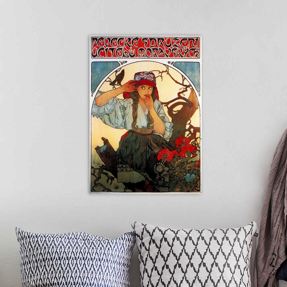 A bohemian room featuring Art Nouveau Illustration of a WomanVintage Poster Artist