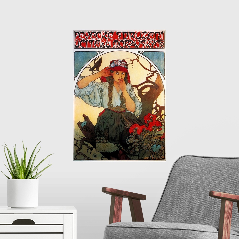 A modern room featuring Art Nouveau Illustration of a WomanVintage Poster Artist