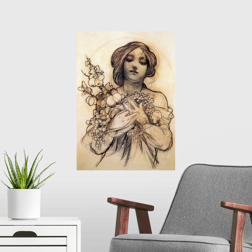 A modern room featuring Art Nouveau Illustration of a Woman Vintage Poster Artist