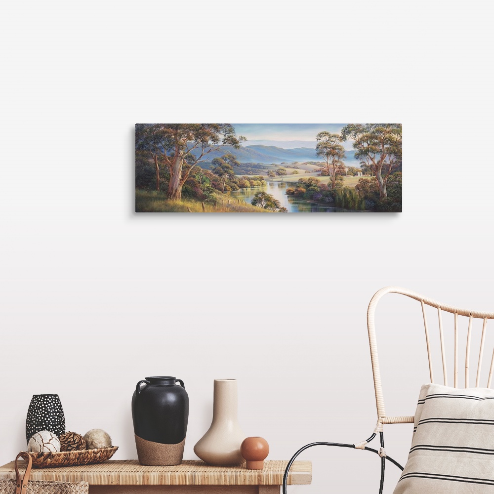 A farmhouse room featuring Contemporary painting of a mountainous valley.