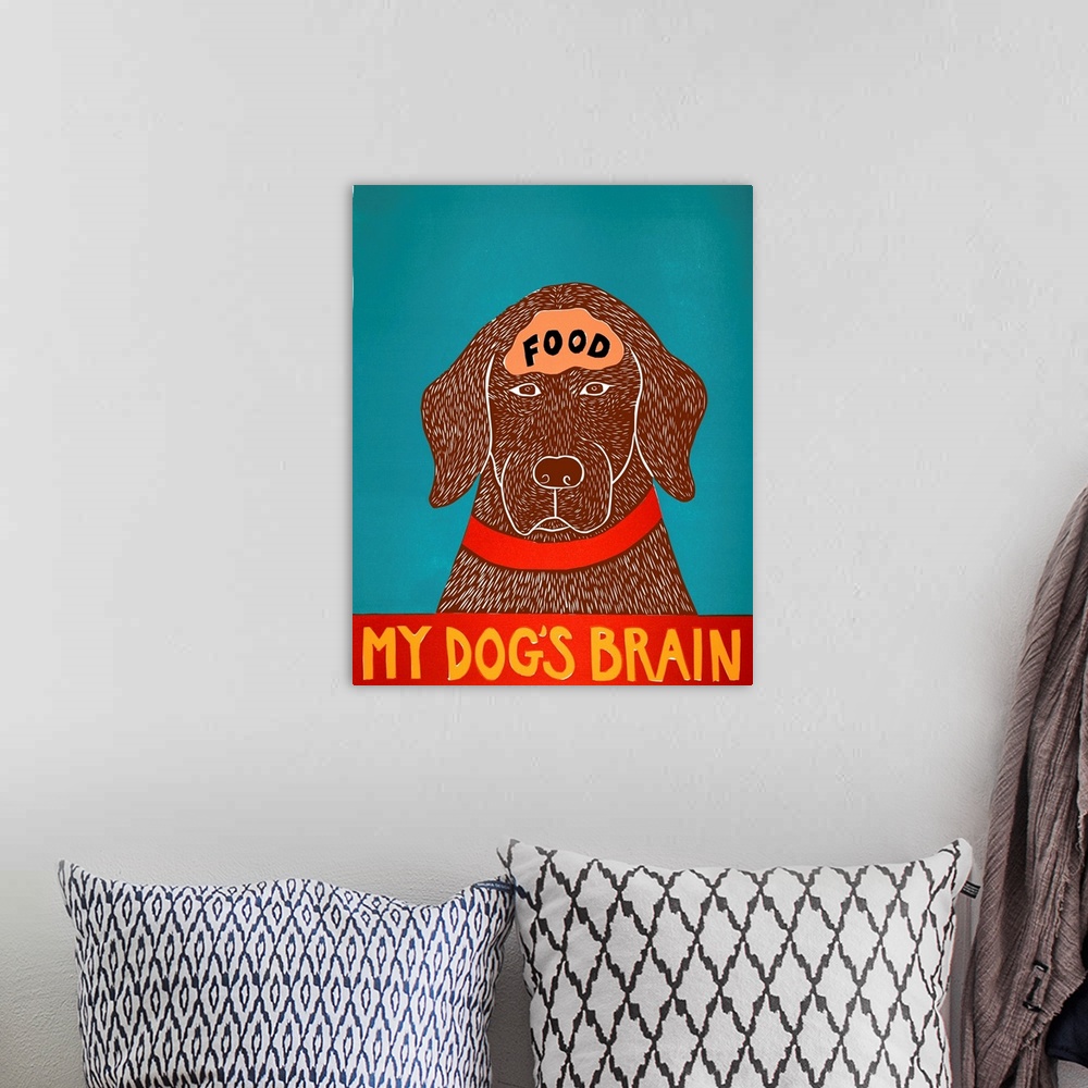 A bohemian room featuring Illustration of a chocolate lab with the word "Food" written on its brain and the phrase "My Dog'...