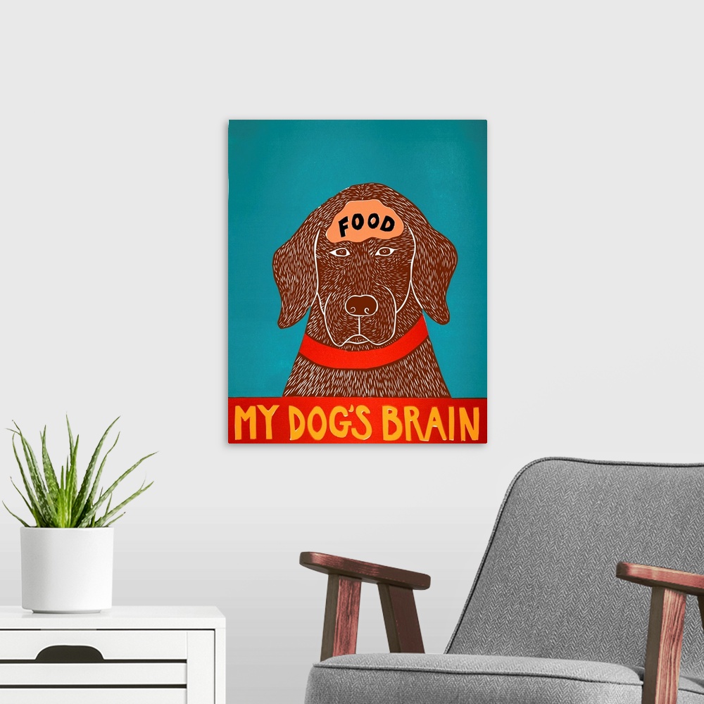 A modern room featuring Illustration of a chocolate lab with the word "Food" written on its brain and the phrase "My Dog'...