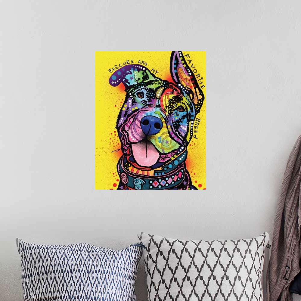 A bohemian room featuring "Rescues Are My Favorite Breed" handwritten around a colorful painting of a rescue dog with abstr...