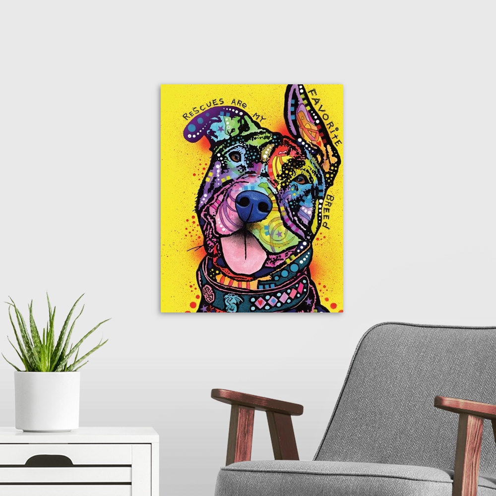 A modern room featuring "Rescues Are My Favorite Breed" handwritten around a colorful painting of a rescue dog with abstr...