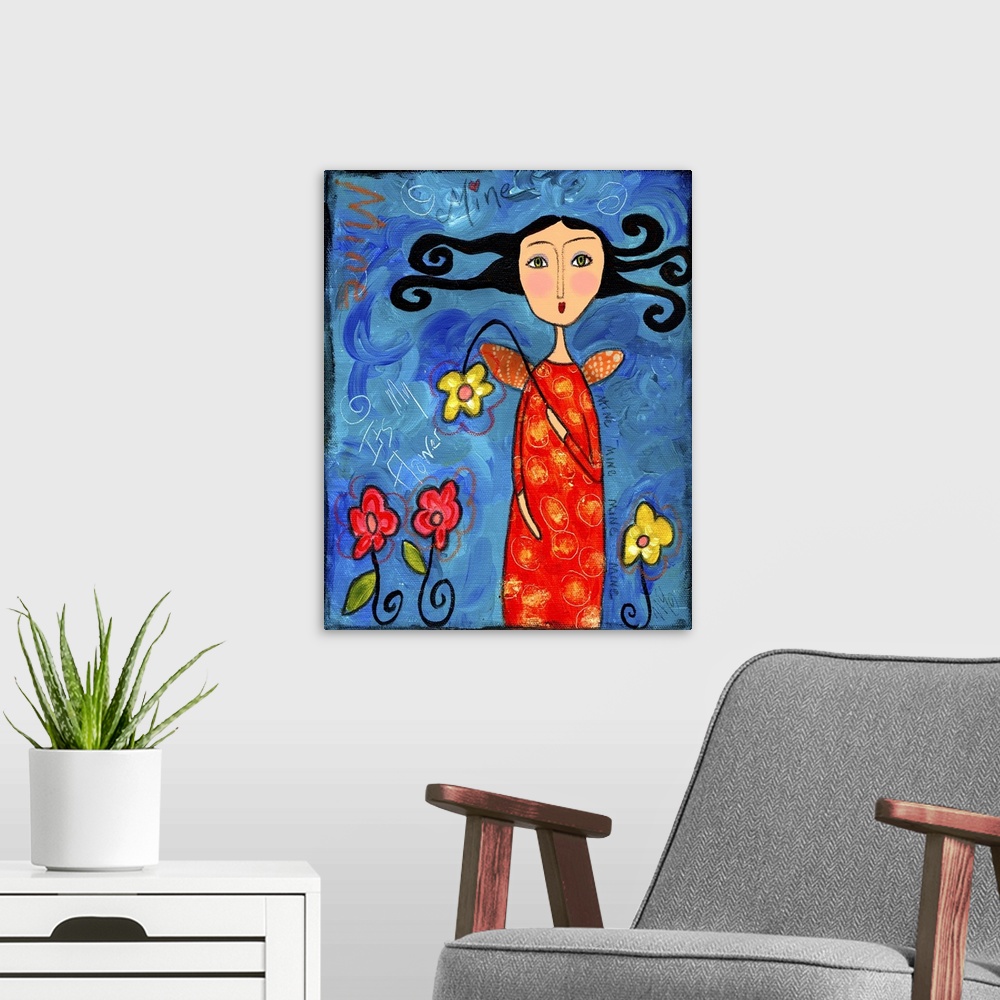 A modern room featuring A woman with curly black hair in a red dress holding a flower.